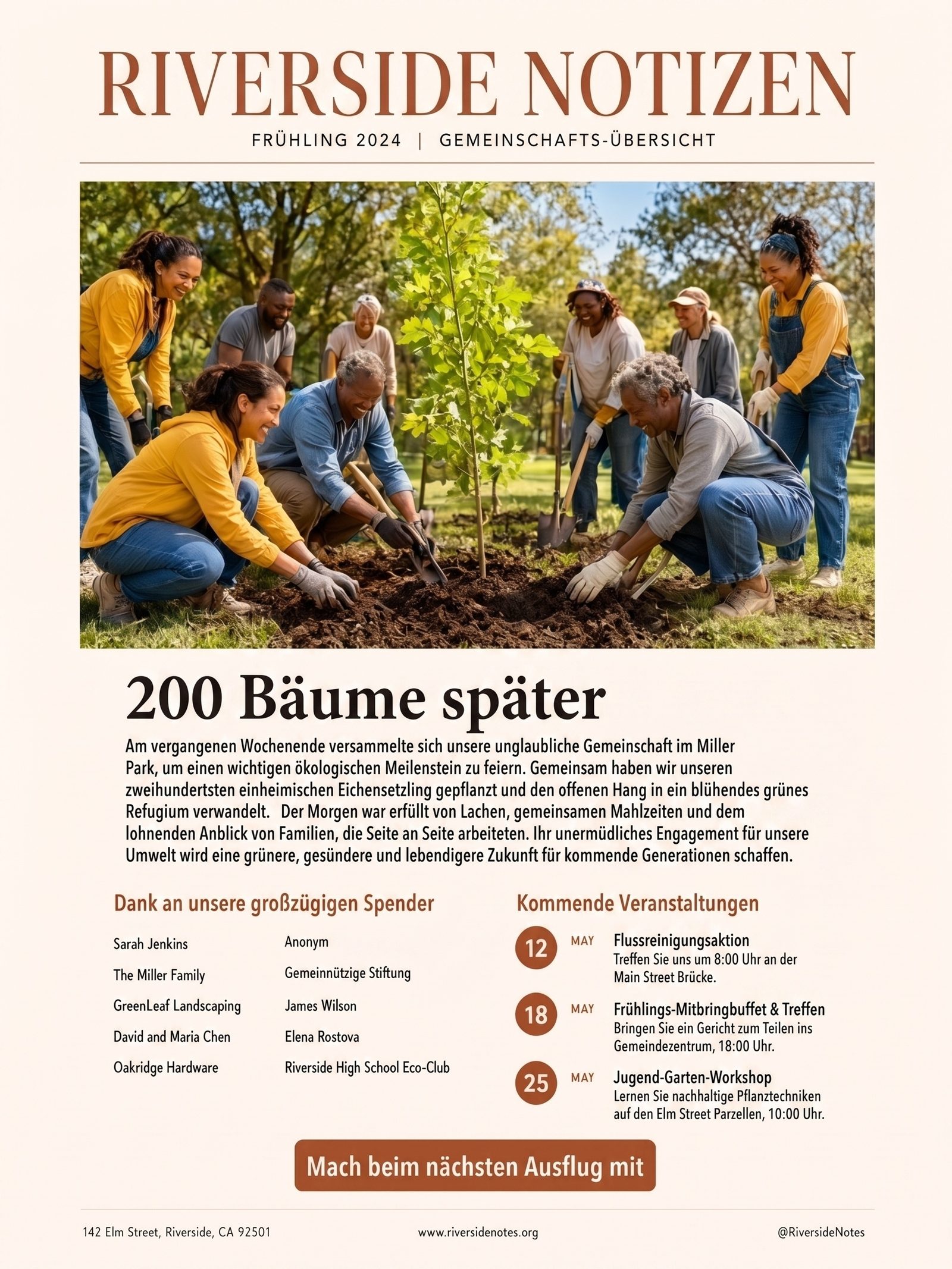 Beispiel eines Community-Newsletters, der mit einem großen Foto zur Wirkungsgeschichte und einem warmen einspaltigen Layout aufmacht