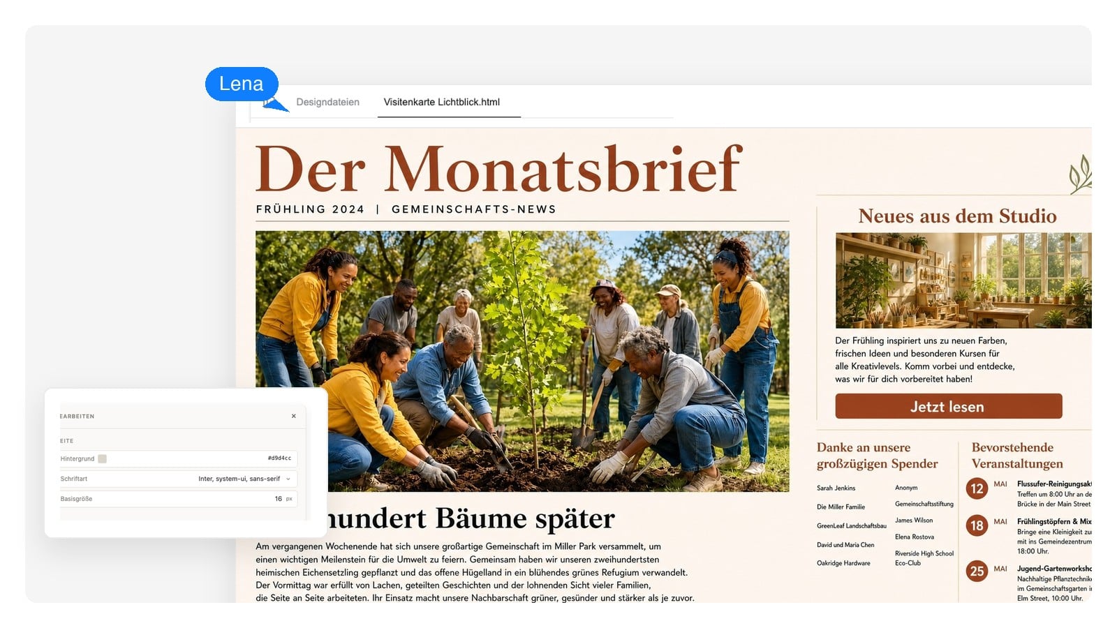 Beispiel eines Community-Newsletters, der mit einem großen Foto zur Wirkungsgeschichte und einem warmen einspaltigen Layout aufmacht