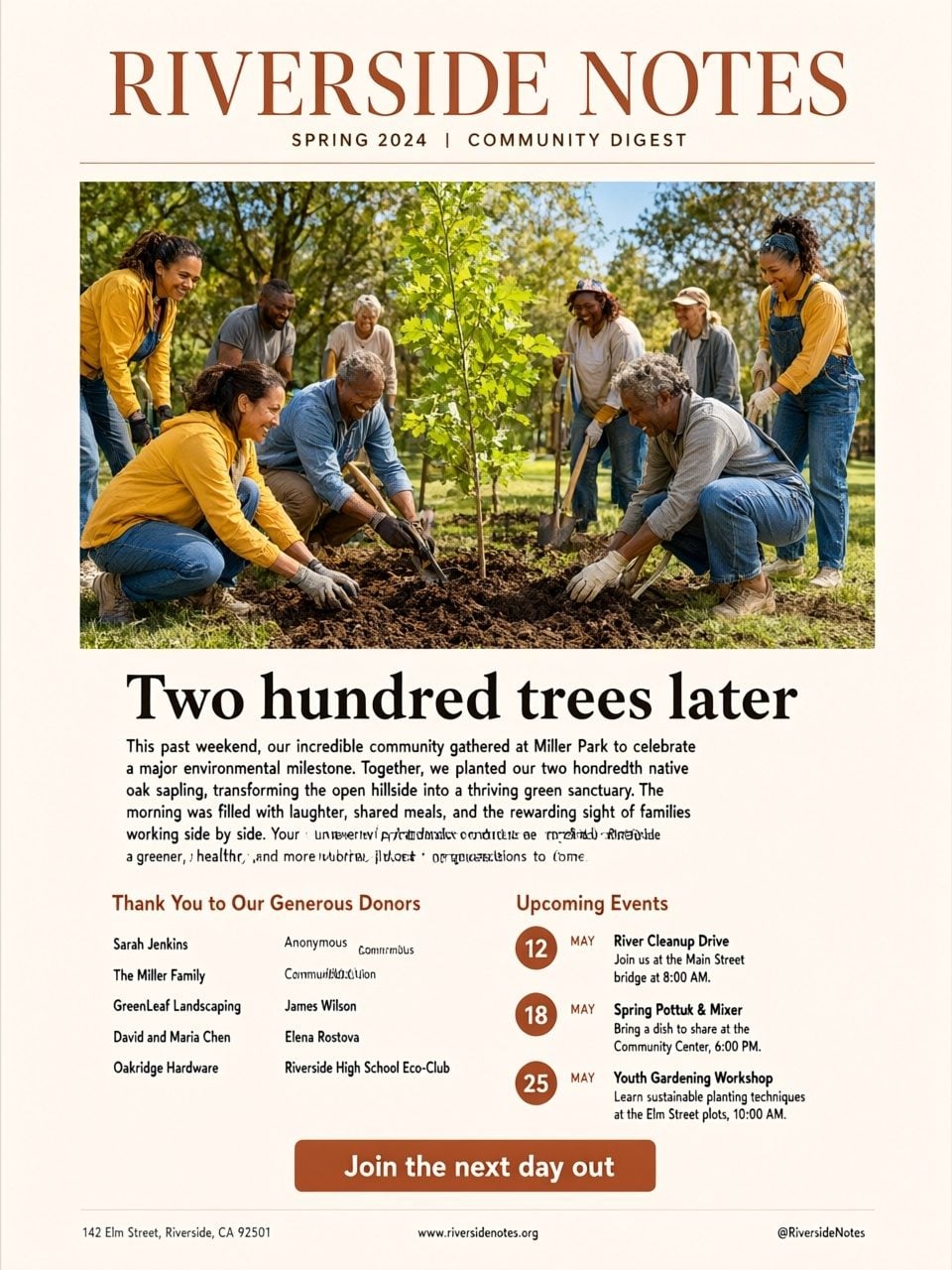 Community digest newsletter example leading with a large impact-story photo and a warm single-column layout