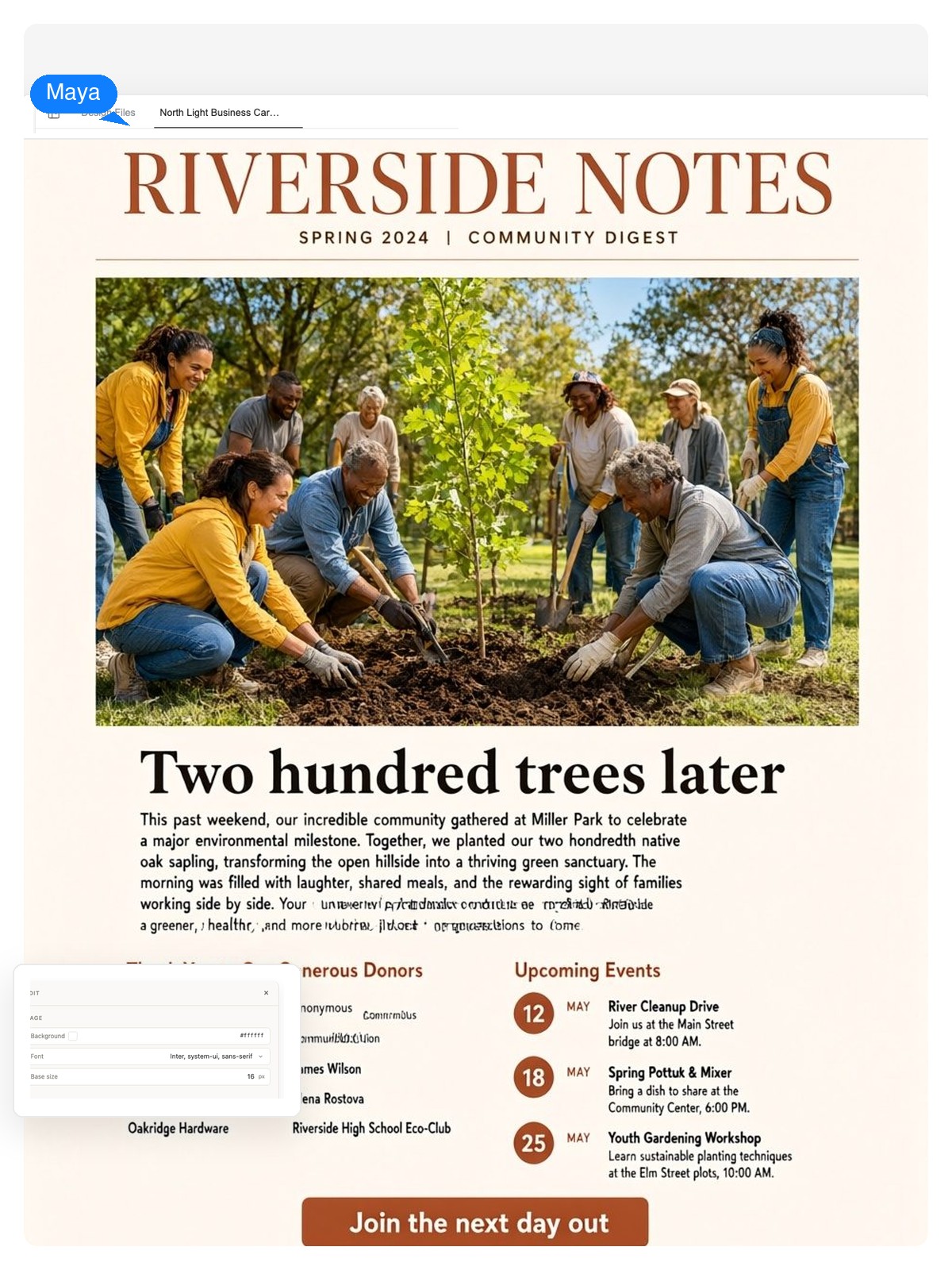 Community digest newsletter example leading with a large impact-story photo and a warm single-column layout