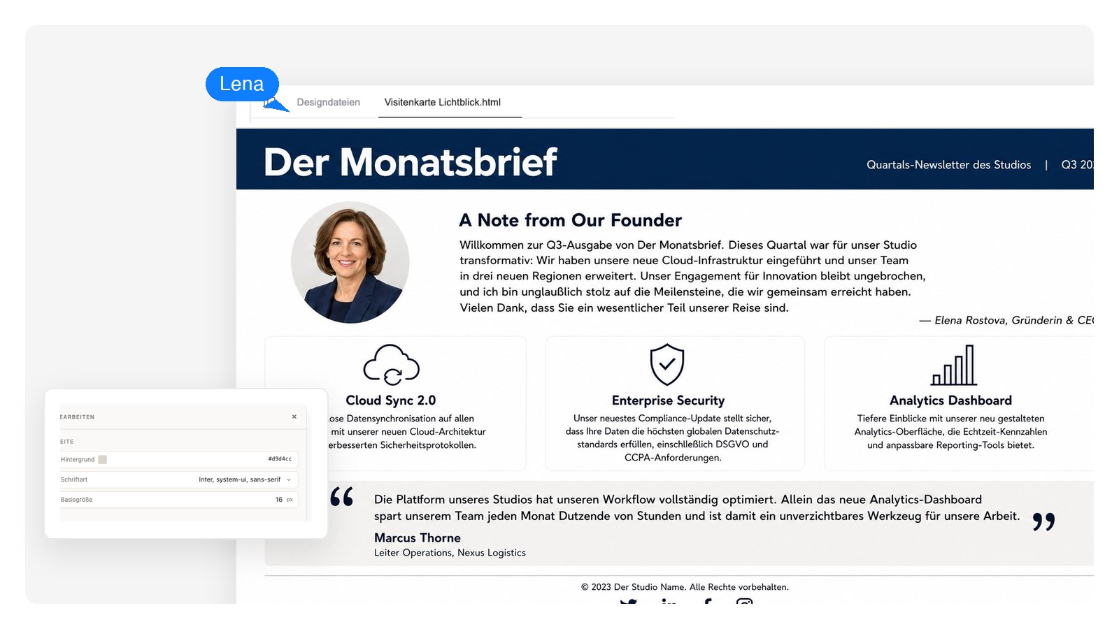Beispiel eines Firmen-Newsletters mit marineblauem Titelkopf, Produktnews-Karten und einer Kundengeschichten-Rubrik