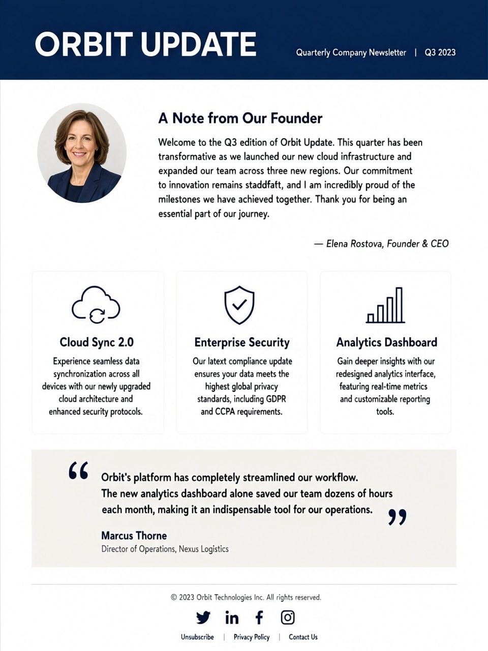 Company update newsletter example with a navy masthead, product news cards, and a customer story section