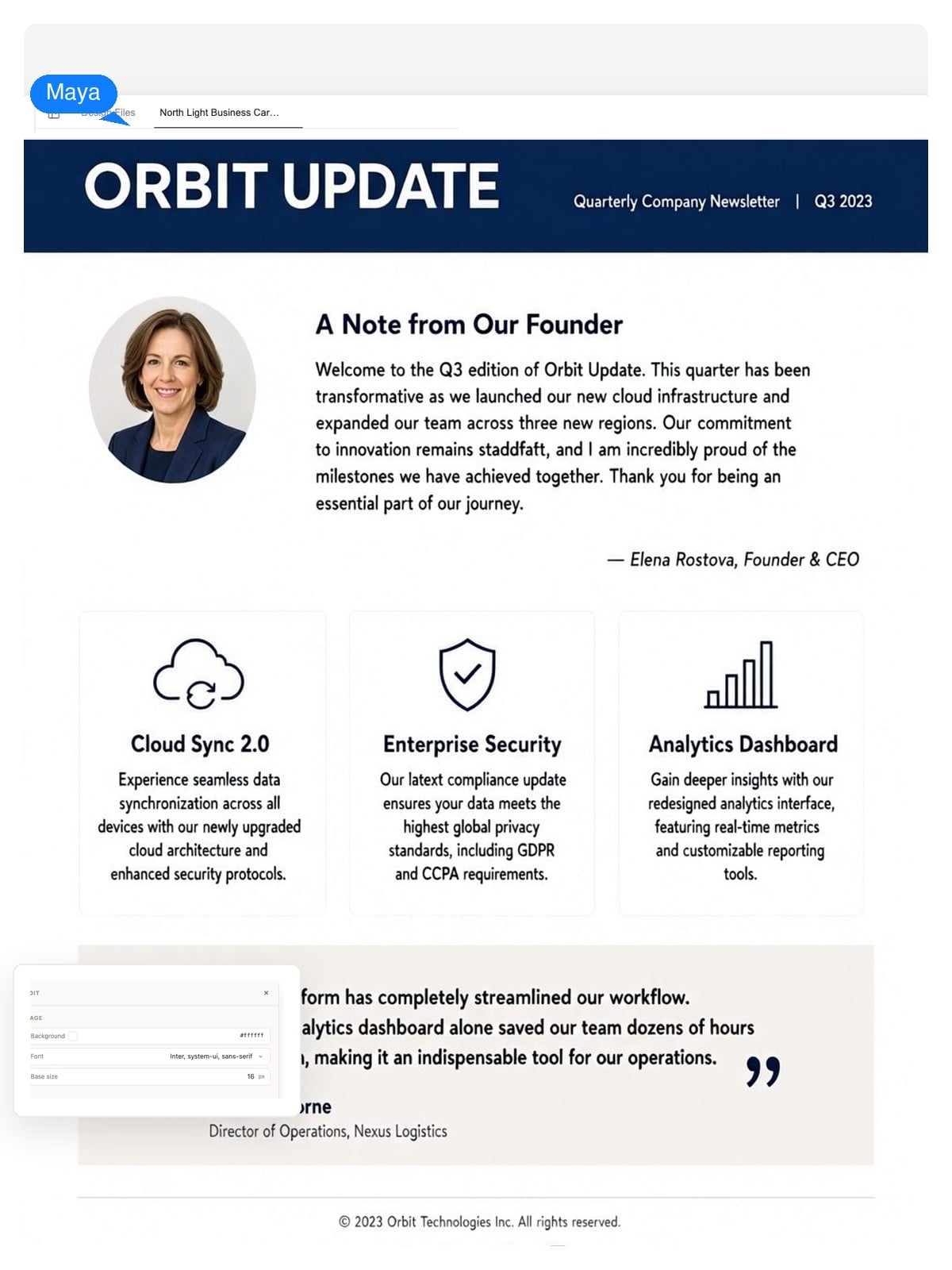 Company update newsletter example with a navy masthead, product news cards, and a customer story section