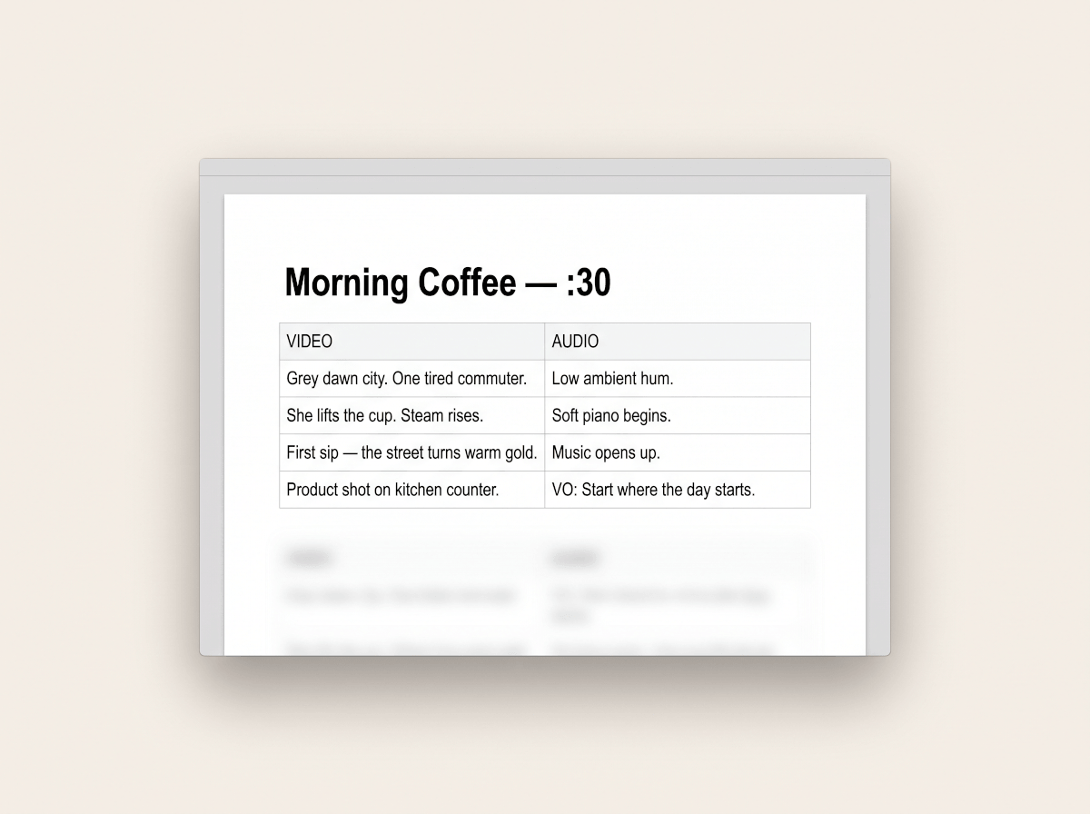 AI-generated 30-second commercial script in two-column video and audio format