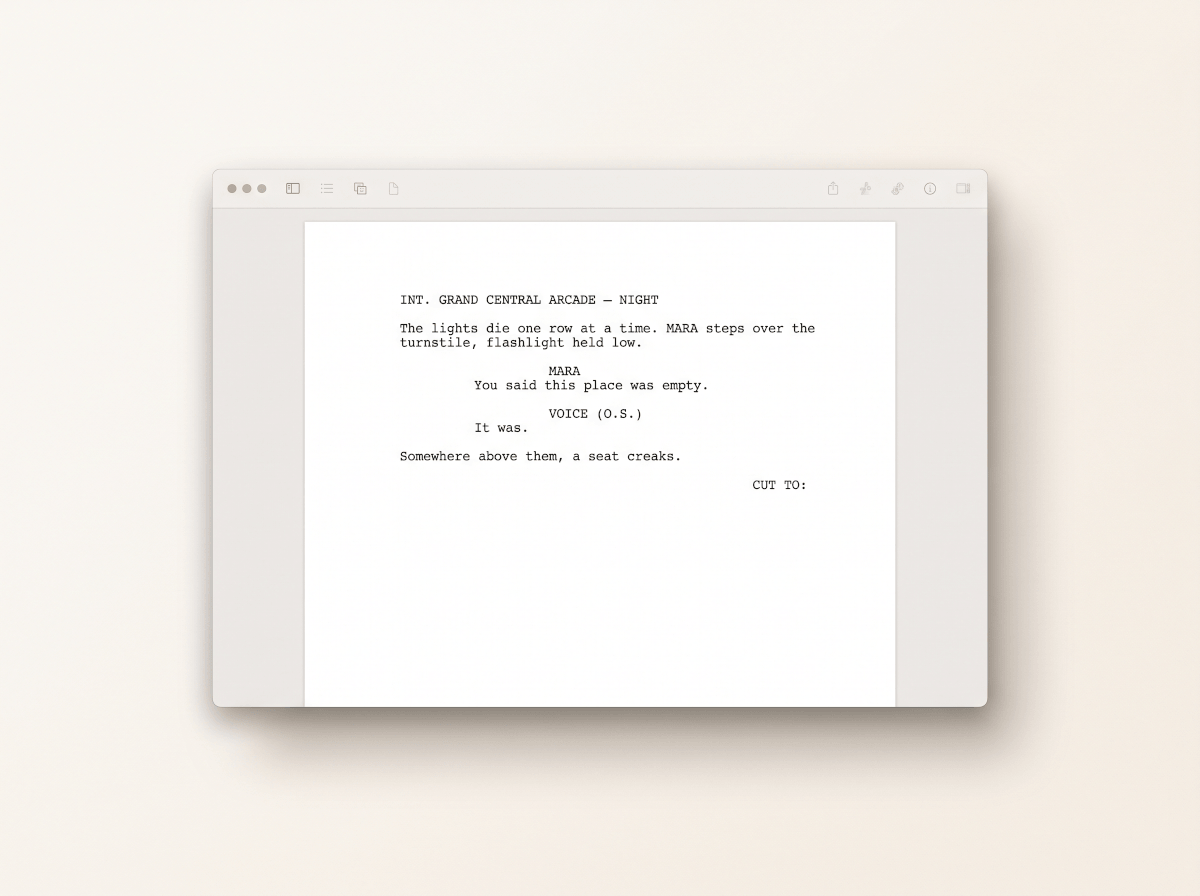 AI-generated movie script page with a scene heading, action lines, and dialogue in screenplay format