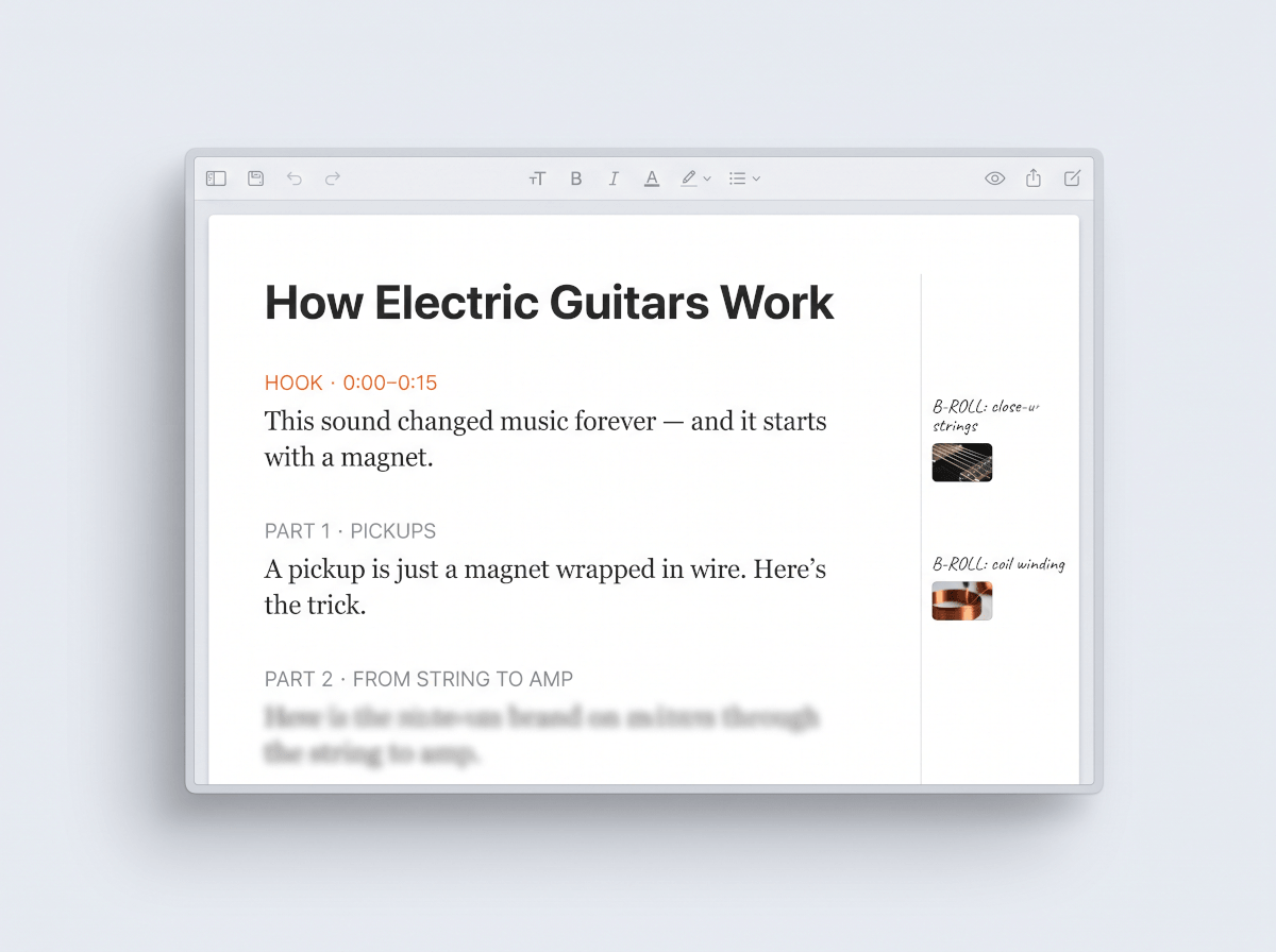 AI-generated YouTube video script with a timed hook and b-roll notes in the margin
