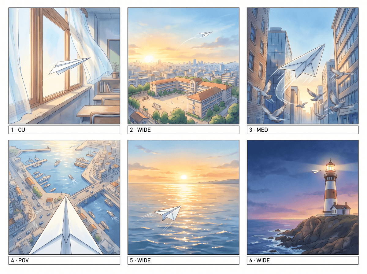 AI storyboard in anime style: six panels of a paper airplane flying from a classroom window to a lighthouse