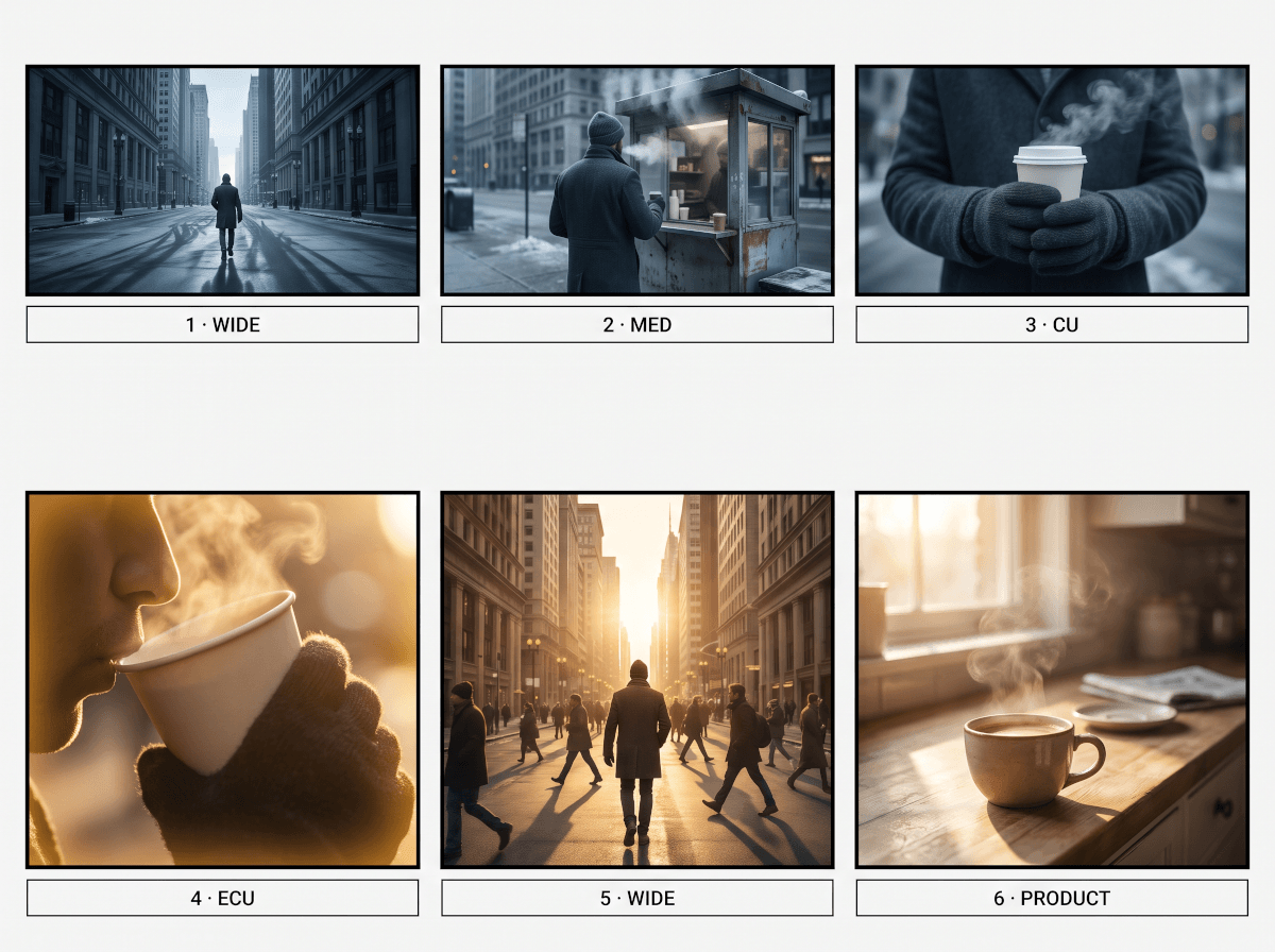 AI storyboard in cinematic style: six graded frames of a coffee commercial shifting from cold dawn to warm gold