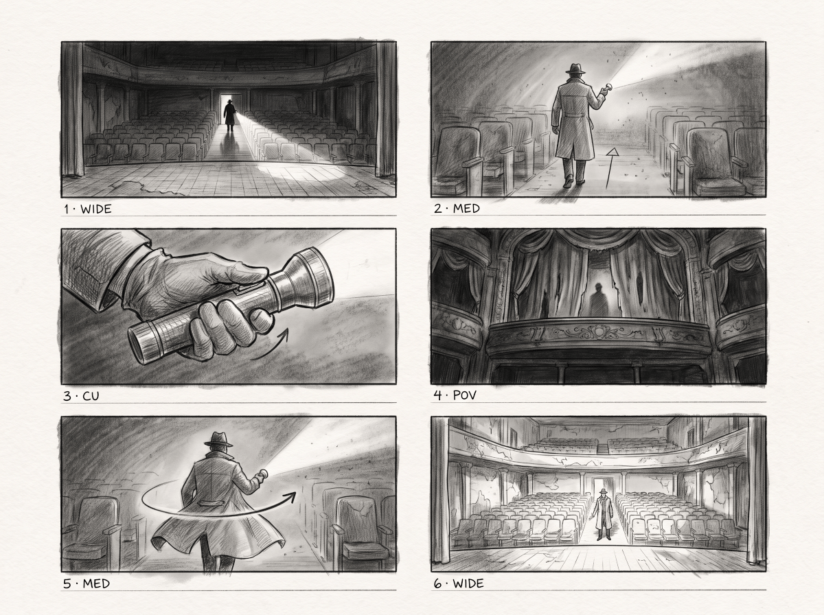 AI storyboard in pencil sketch style: six labeled shots of a detective entering an abandoned theater