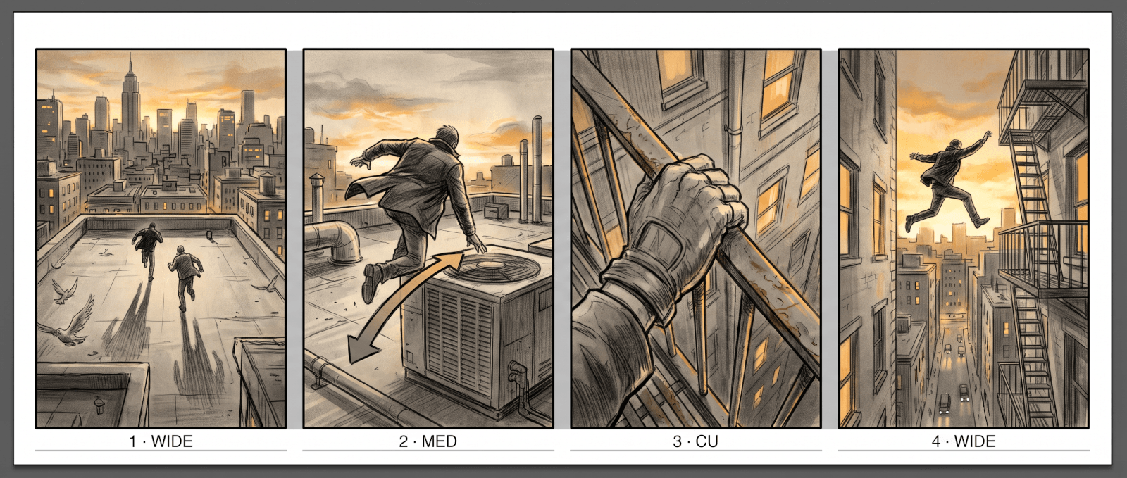 AI-generated storyboard strip: a rooftop chase at dusk boarded in four labeled shots, from wide to close-up