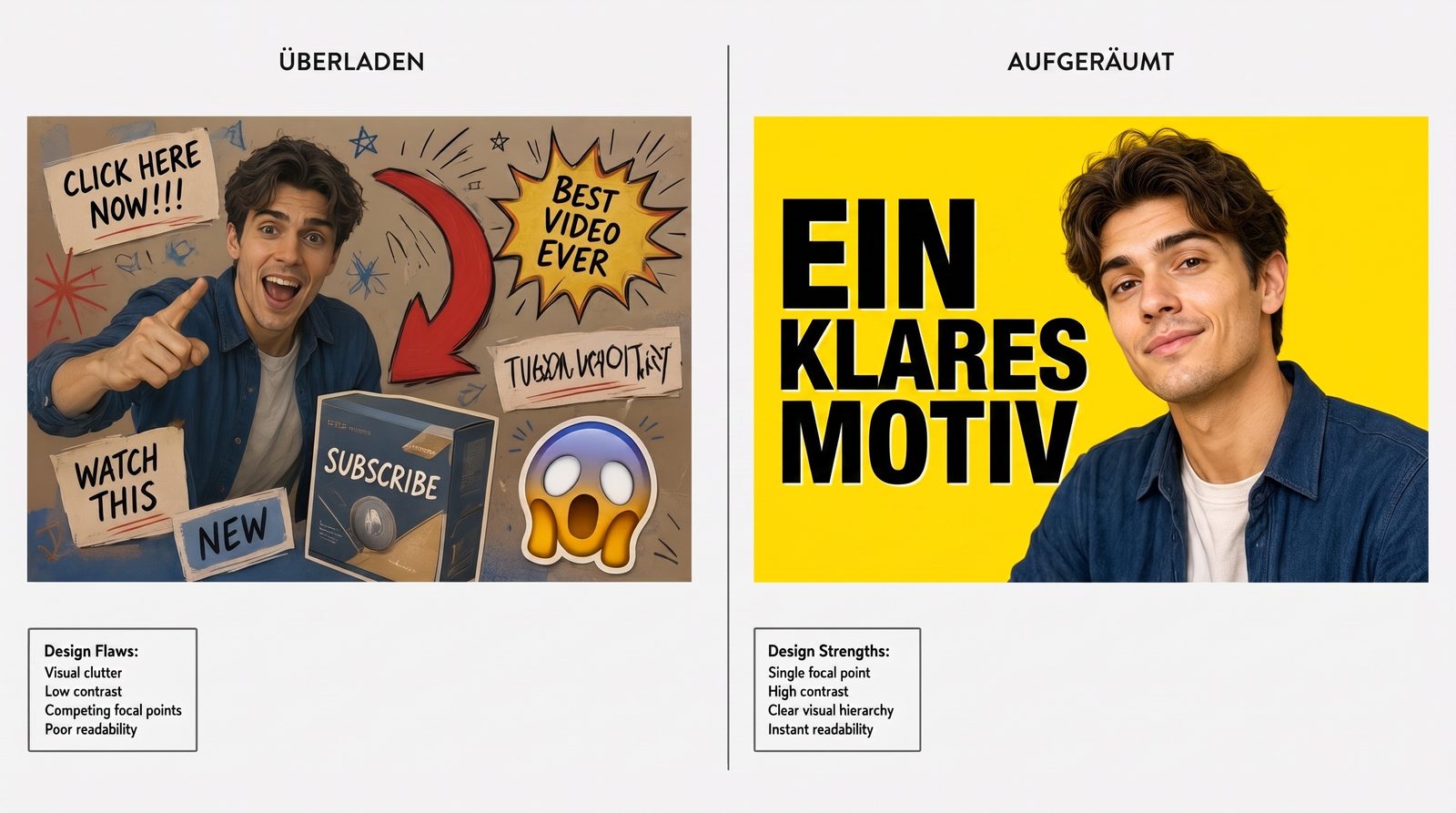 Direkter Vergleich: ein überladenes, kontrastarmes Thumbnail neben einem aufgeräumten, kontrastreichen Thumbnail mit einem Motiv und drei fetten Wörtern