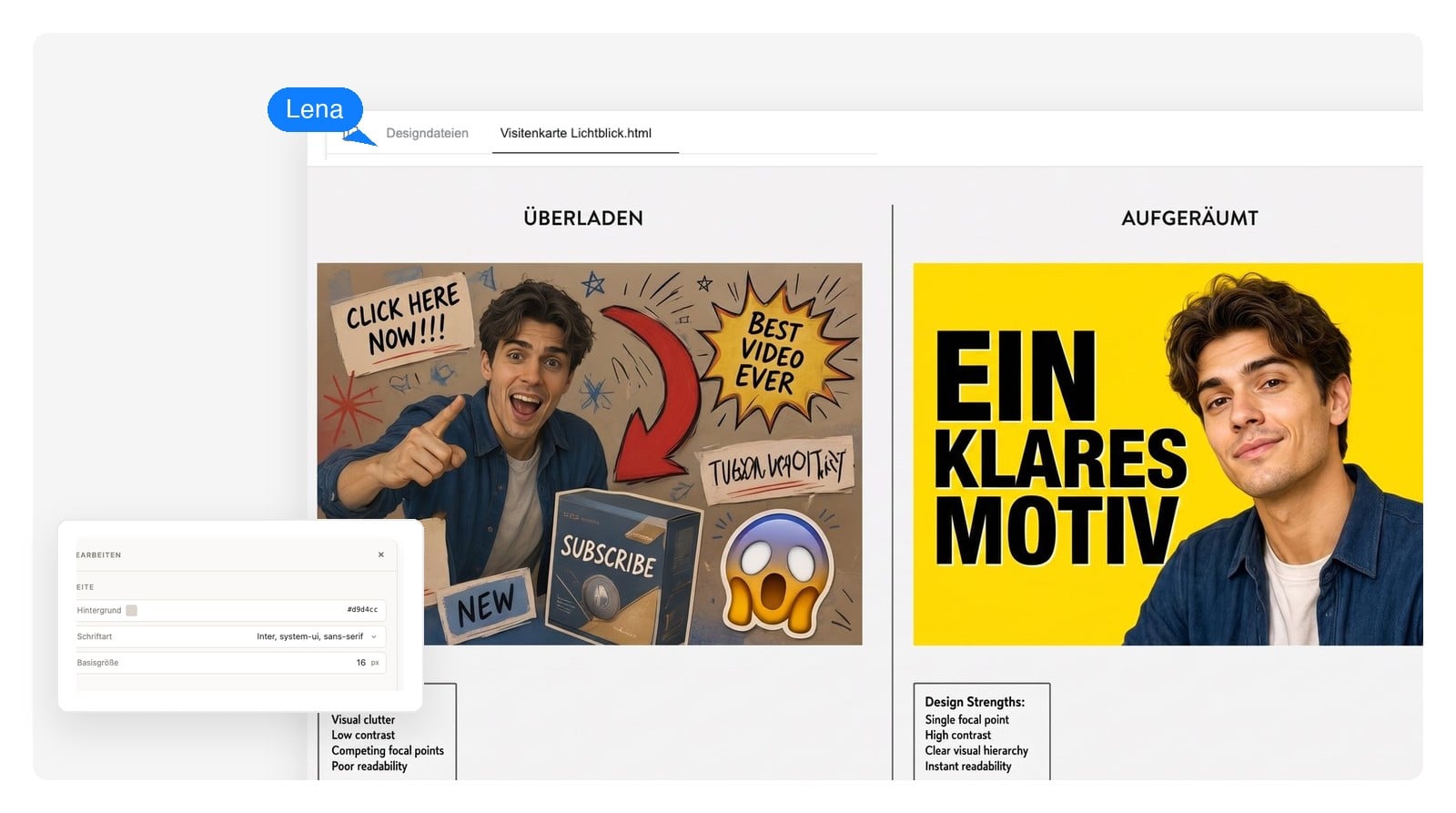Direkter Vergleich: ein überladenes, kontrastarmes Thumbnail neben einem aufgeräumten, kontrastreichen Thumbnail mit einem Motiv und drei fetten Wörtern