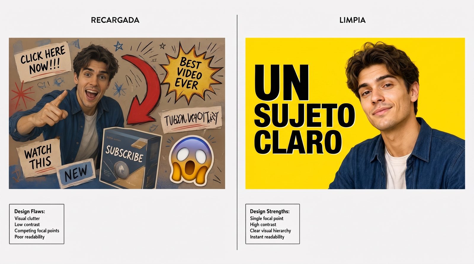 Comparación lado a lado de una miniatura recargada y de bajo contraste frente a una miniatura limpia y de alto contraste, con un solo sujeto y tres palabras en negrita