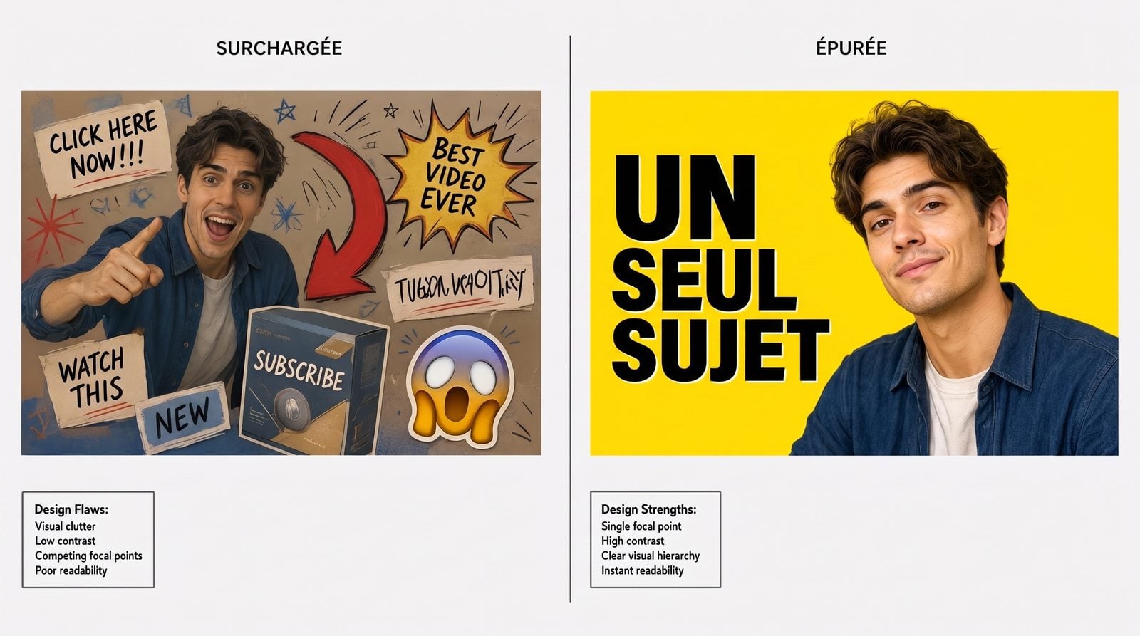 Comparaison côte à côte entre une miniature surchargée au faible contraste et une miniature épurée très contrastée, avec un seul sujet et trois mots en gras