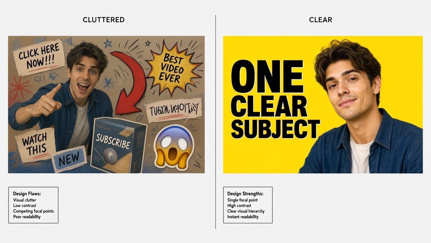 Side-by-side comparison of a cluttered low-contrast thumbnail versus a clean high-contrast thumbnail with one subject and three bold words