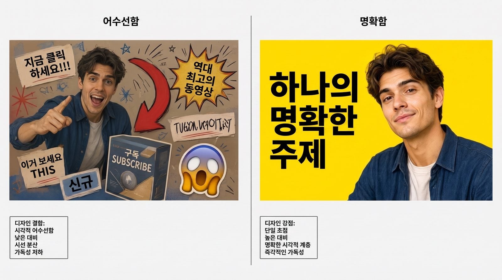 어수선하고 대비가 약한 썸네일과, 피사체 하나에 굵은 세 단어만 넣은 깔끔한 고대비 썸네일을 나란히 비교한 이미지
