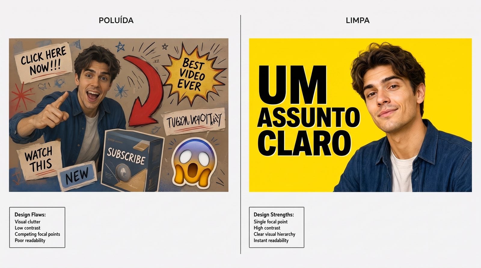 Comparação lado a lado de uma thumbnail poluída e sem contraste com uma thumbnail limpa, de alto contraste, com um único assunto e três palavras em destaque