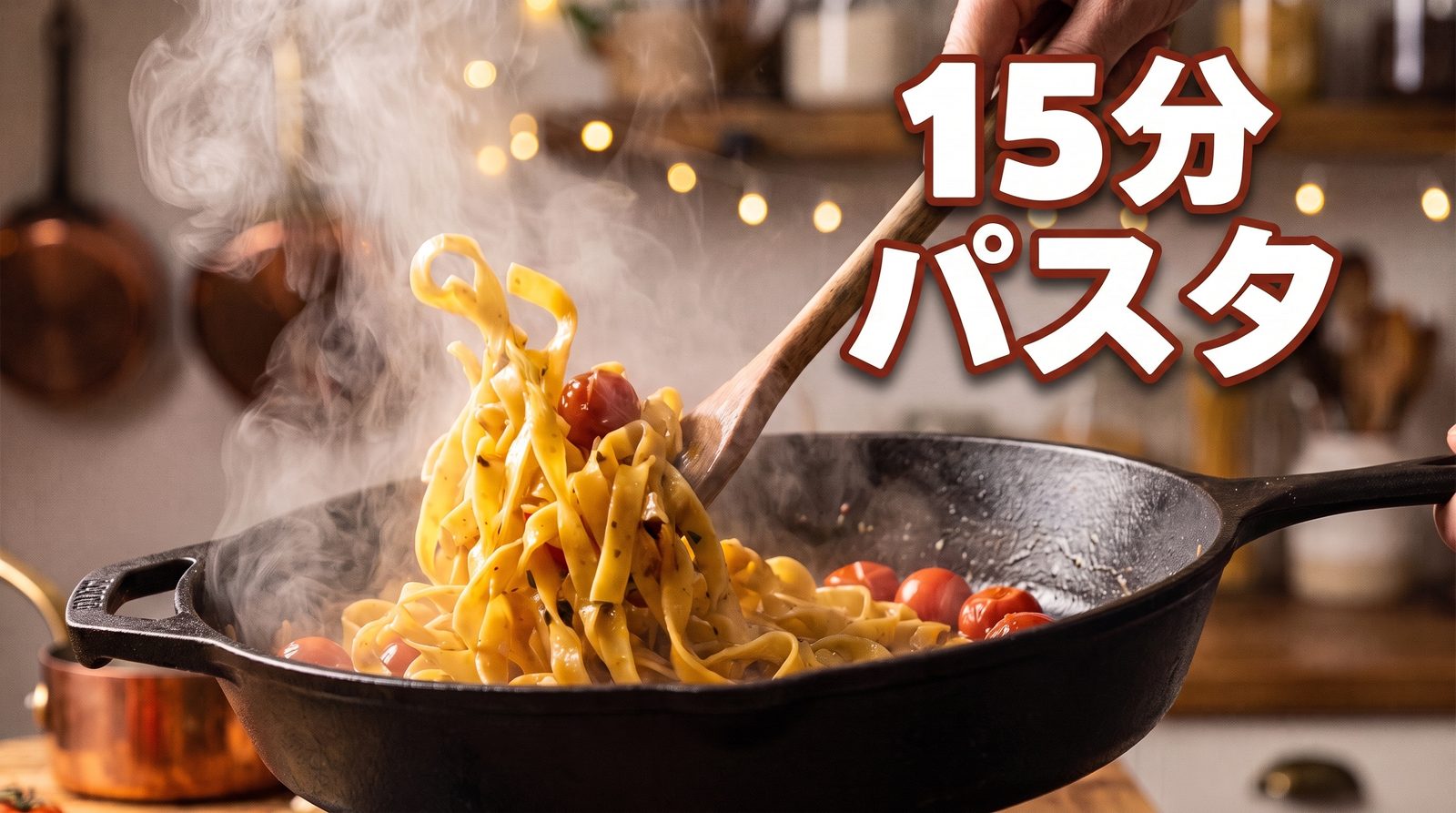 「15分パスタ」というタイトルが入った、パスタレシピ動画サムネイルの最初のバージョン