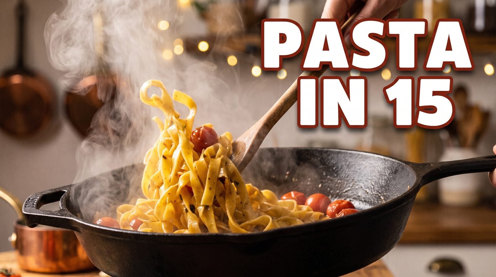 First version of a pasta recipe thumbnail with the title PASTA IN 15