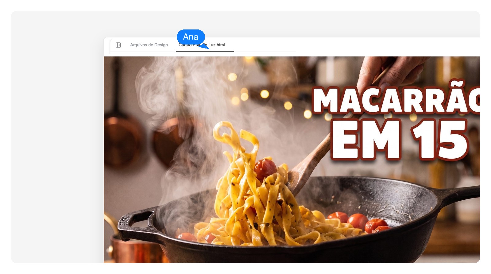 Primeira versão de uma thumbnail de receita de macarrão com o título MACARRÃO EM 15