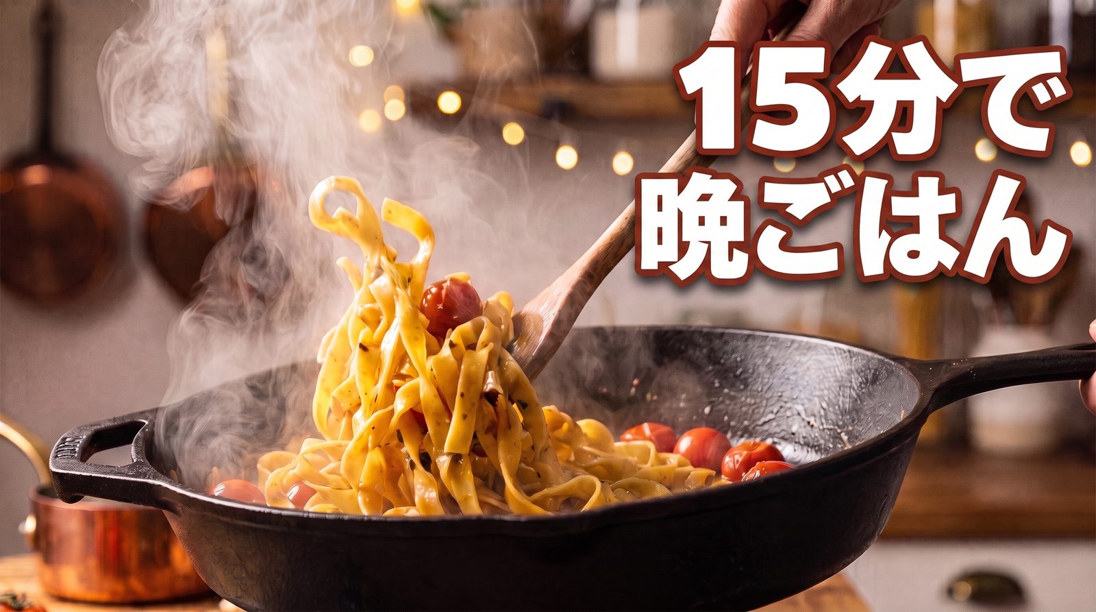 タイトル文字だけを「15分で晩ごはん」に変えた同じサムネイル