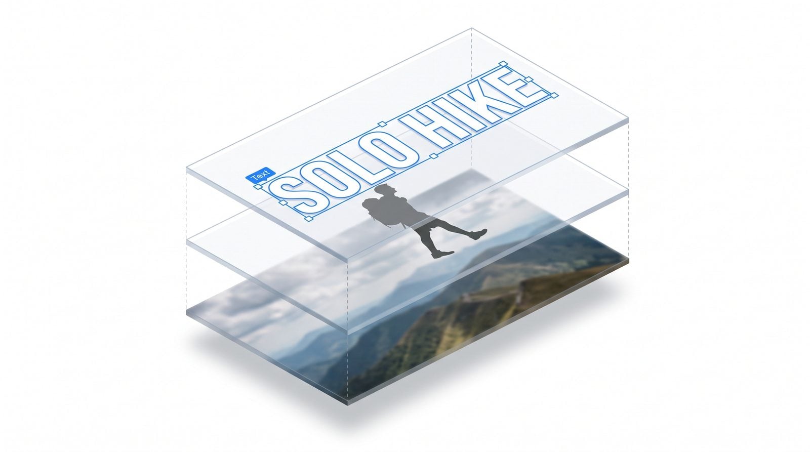 A YouTube thumbnail separated into three editable layers: background photo, subject cutout, and a floating title text layer with selection handles