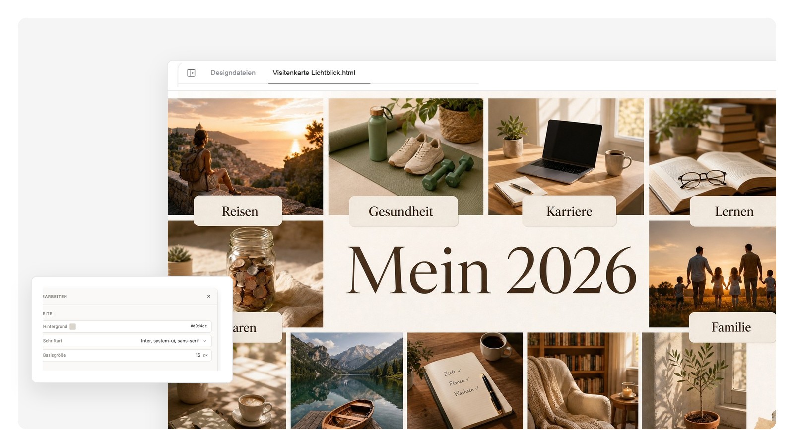 Ein digitales Visionboard für 2026 als editierbares Design, mit einzelnen Bildkacheln und Text-Ebenen auf einer Leinwand