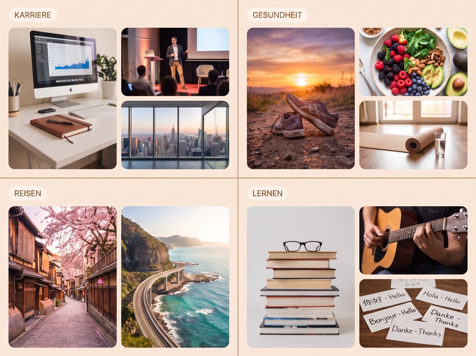 Ein digitales Visionboard mit vier Zonen für Karriere, Gesundheit, Reisen und Lernen, jede mit eigenen Bildern und Bildunterschriften