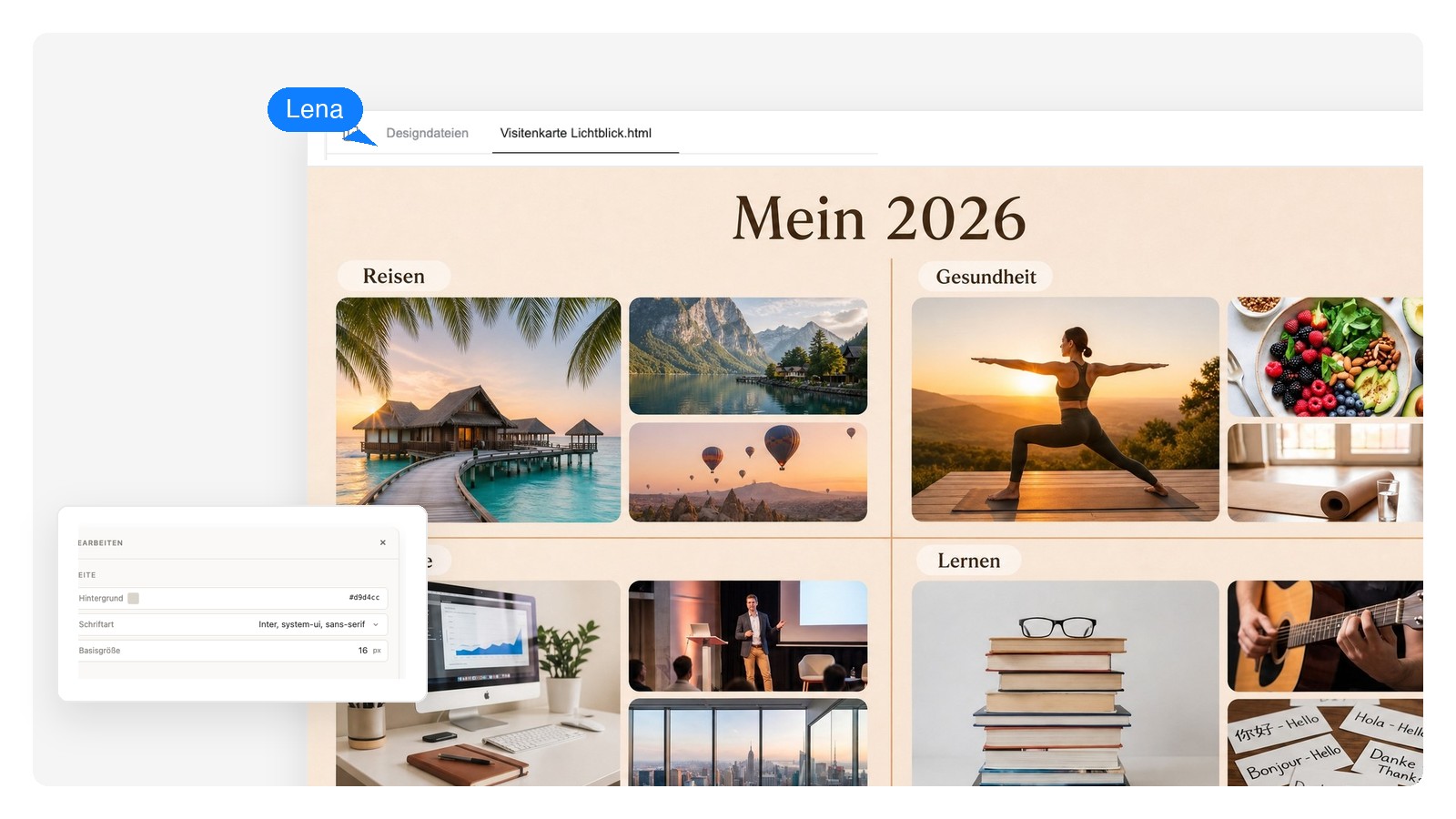 Ein digitales Visionboard mit vier Zonen für Karriere, Gesundheit, Reisen und Lernen, jede mit eigenen Bildern und Bildunterschriften