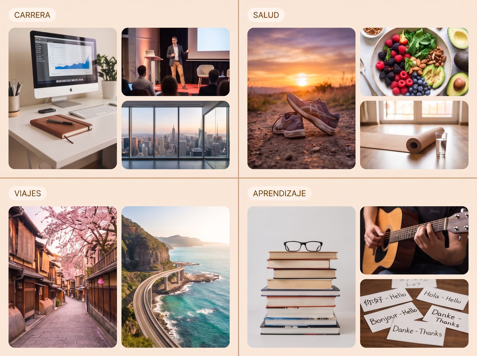 Un vision board digital de cuatro zonas con áreas de carrera, salud, viajes y aprendizaje, cada una con sus propias imágenes y textos