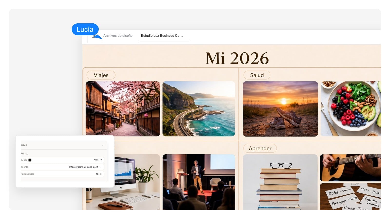 Un vision board digital de cuatro zonas con áreas de carrera, salud, viajes y aprendizaje, cada una con sus propias imágenes y textos
