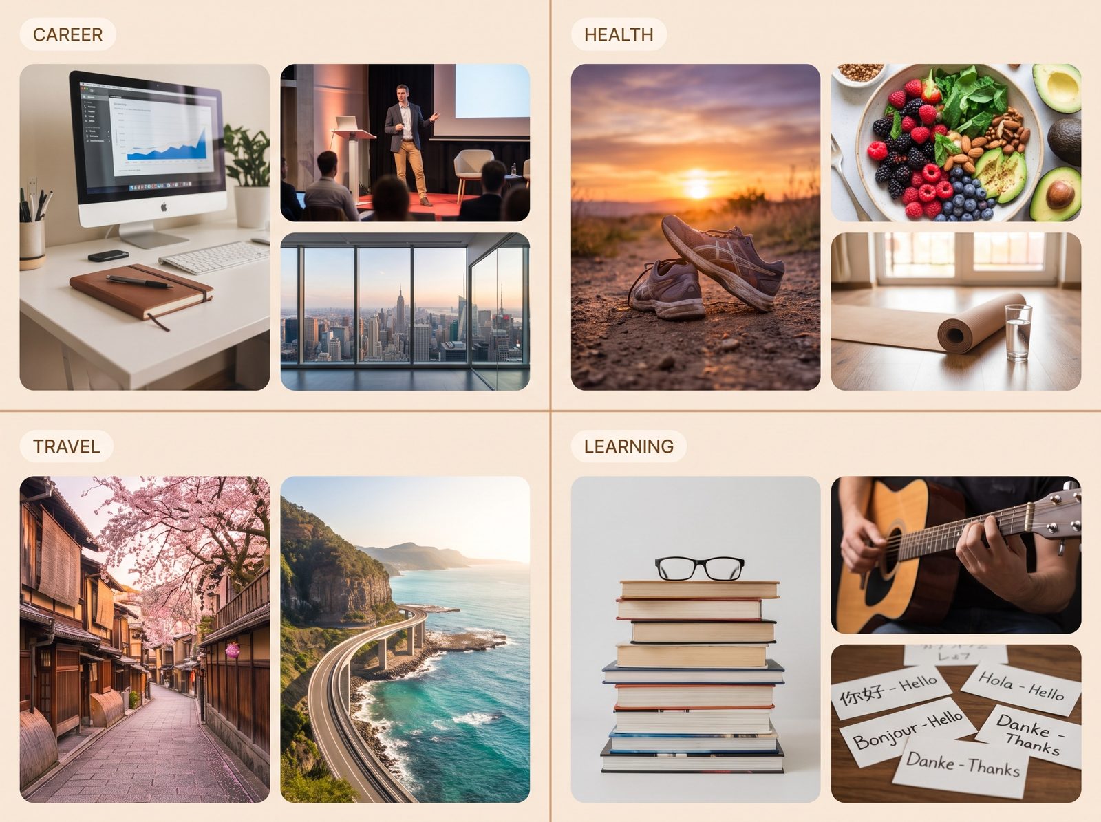 A four-zone digital vision board with career, health, travel, and learning areas, each holding its own imagery and captions