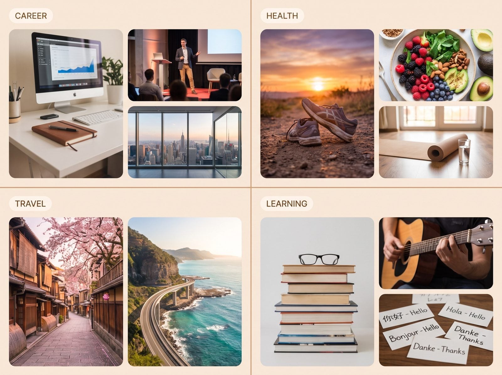 A four-zone digital vision board with career, health, travel, and learning areas, each holding its own imagery and captions