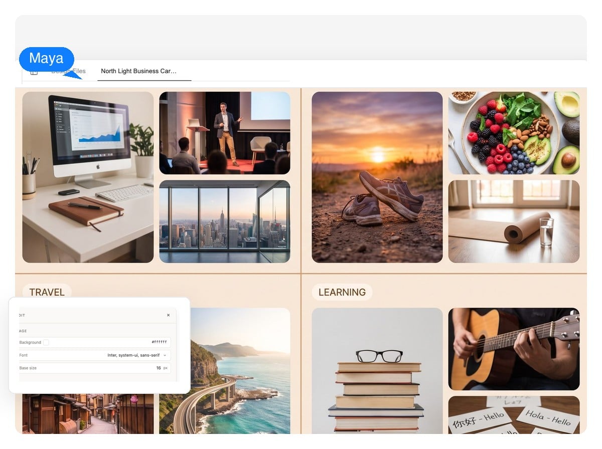 A four-zone digital vision board with career, health, travel, and learning areas, each holding its own imagery and captions