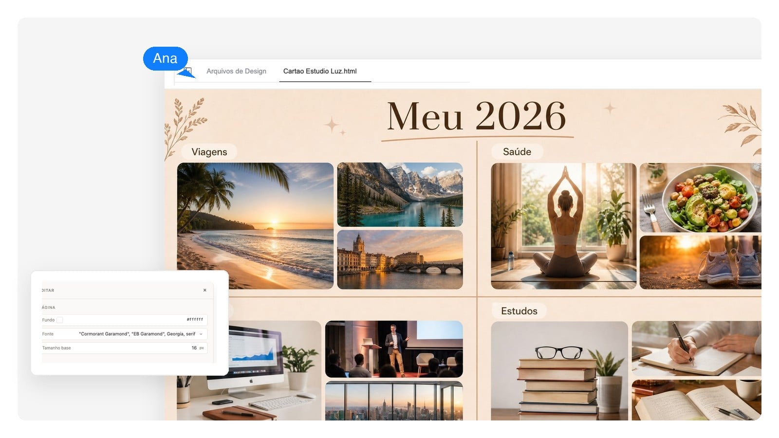 Um vision board digital de quatro zonas com áreas de carreira, saúde, viagens e estudos, cada uma com suas próprias imagens e legendas