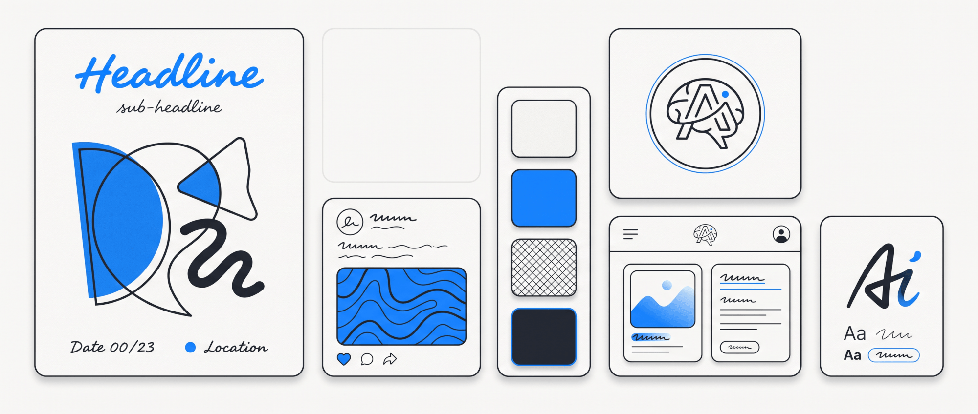 A bento grid of AI-generated design artifacts: poster, logo, social post, palette, and wireframe