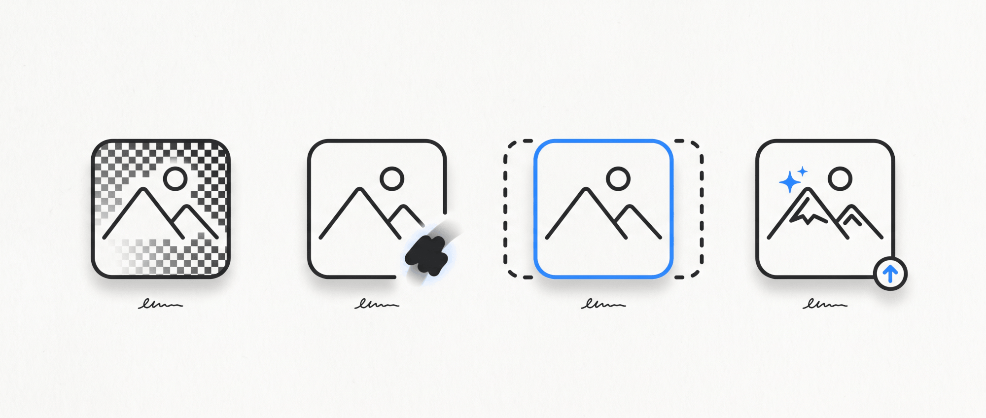 Four editing operations on the same image: background removal, object erase, canvas expand, and upscale