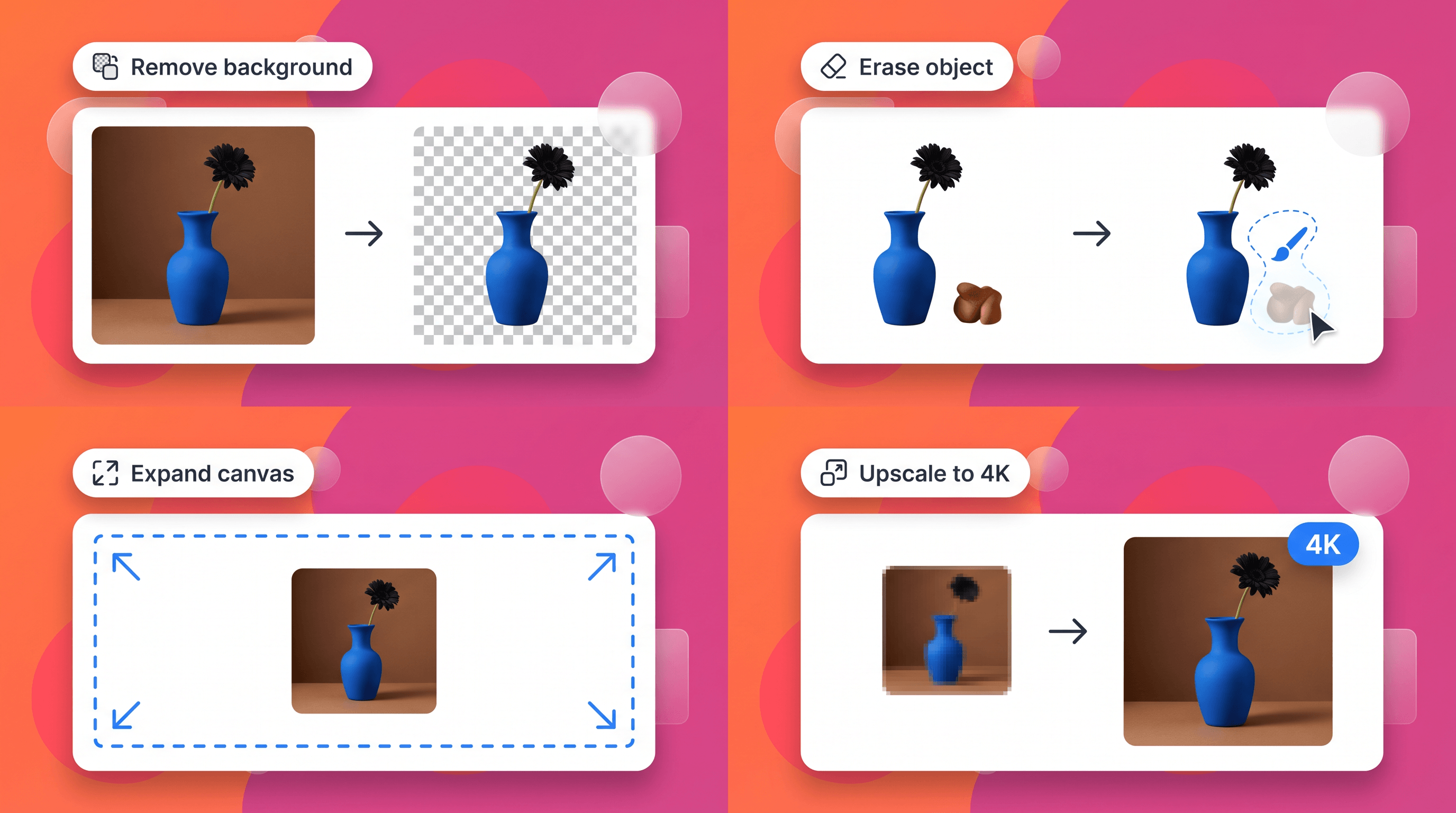 Quatre opérations d'édition sur la même image : détourage, gomme, extension, upscaling