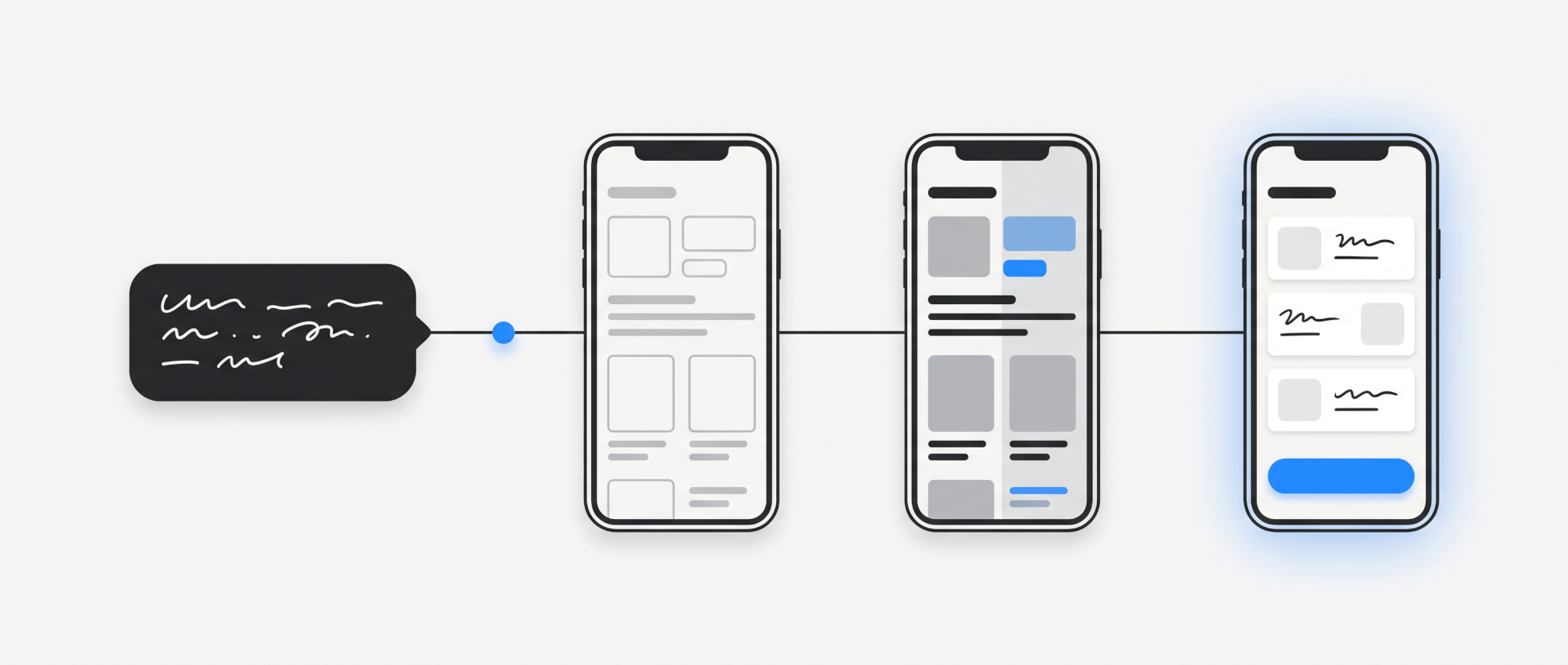 A prompt flowing into device frames that progress from wireframe to finished UI