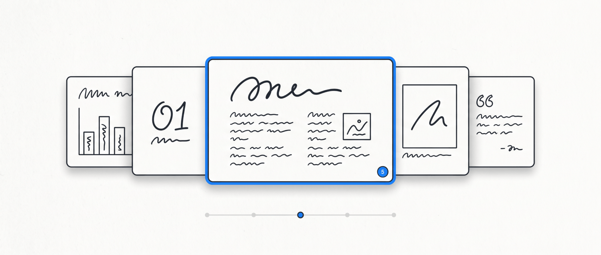 A carousel of five slide decks with distinct layouts, the front deck highlighted
