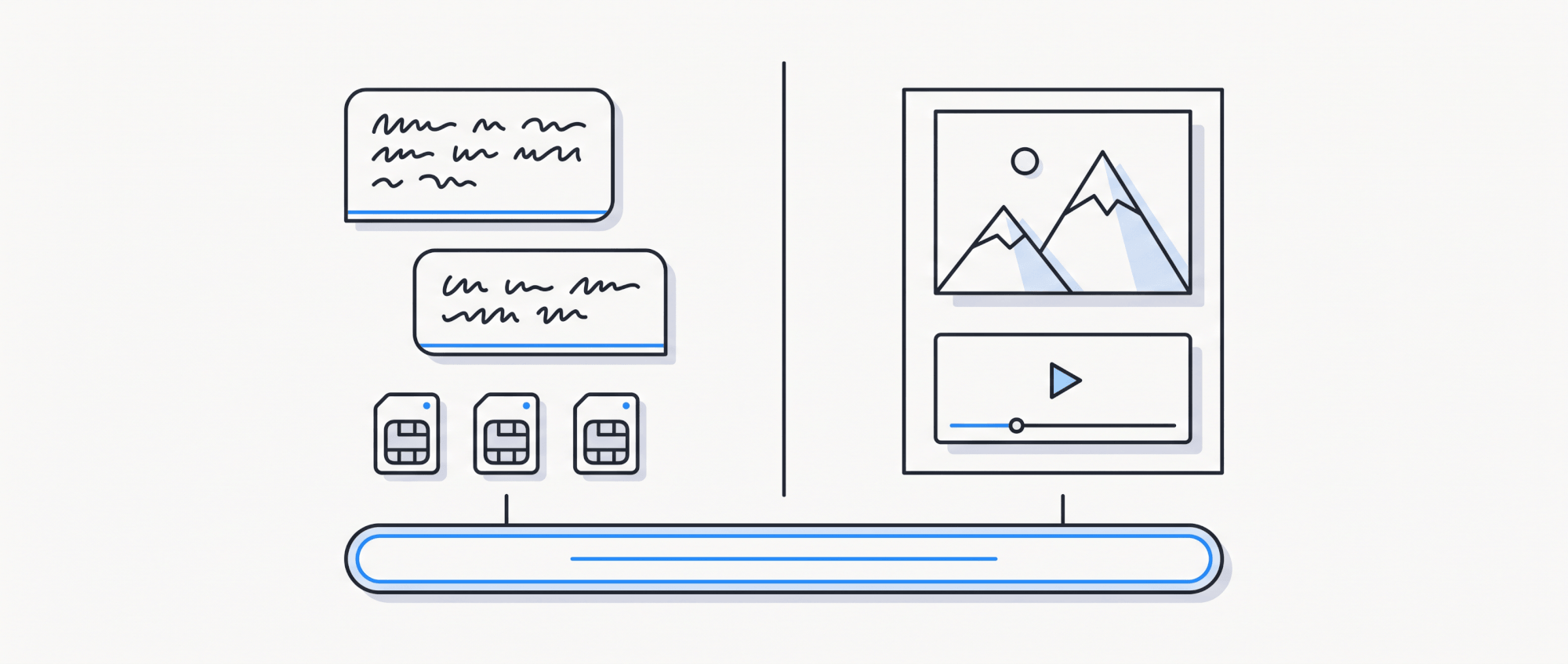 A split panel of chat on one side and image-and-video media on the other, one input feeding both