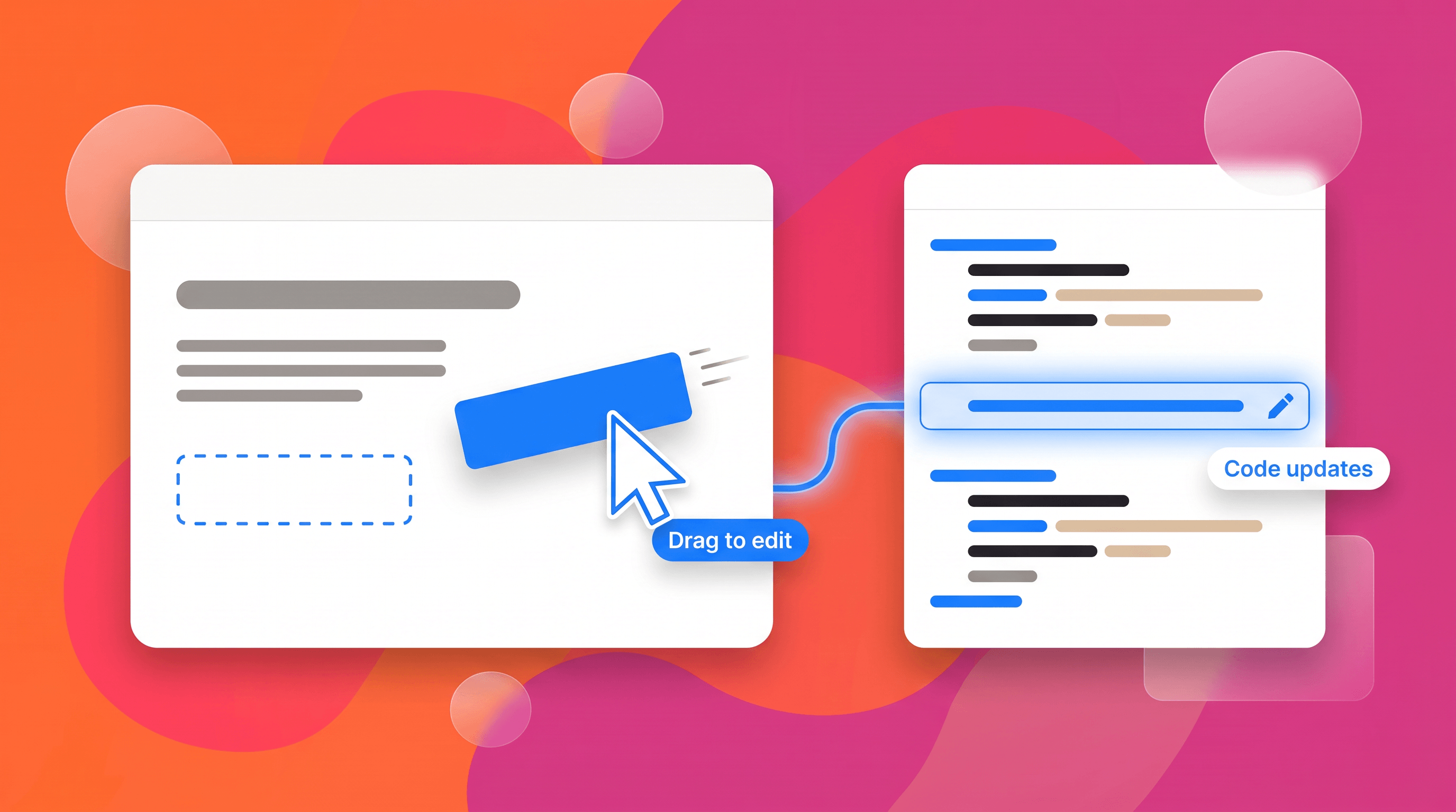A drag edit in a browser preview writing back into a highlighted line of source code