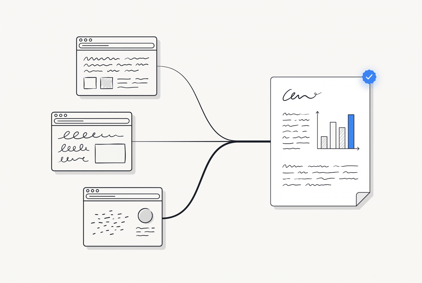 Three web sources merging into one verified research report
