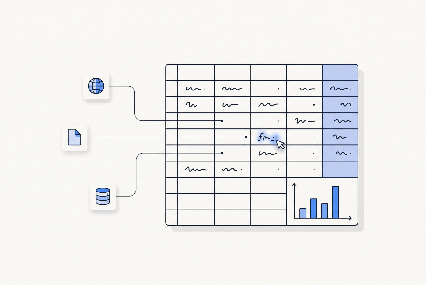 Web, document, and database sources feeding data into spreadsheet cells
