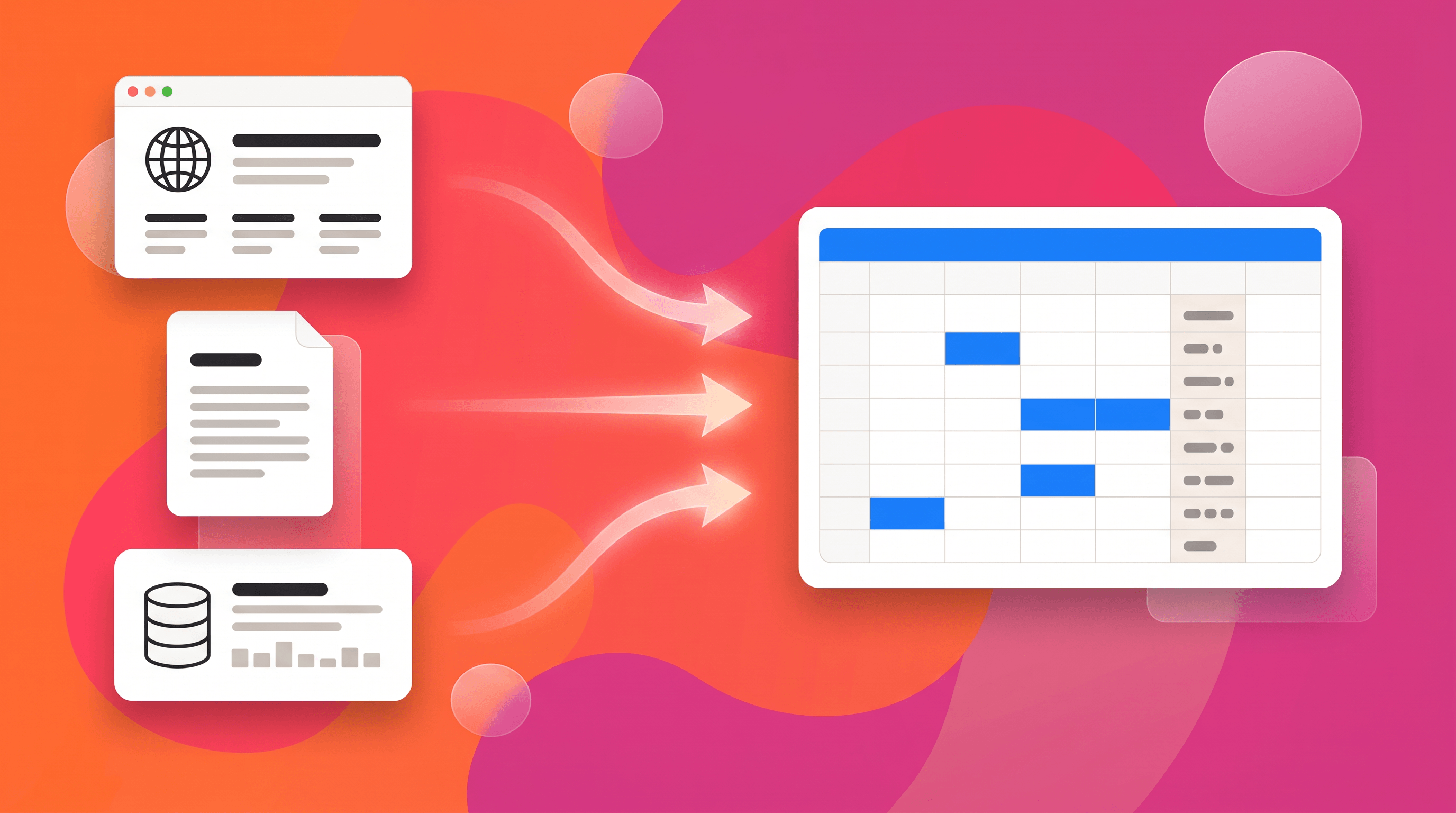 Web, document, and database sources feeding data into spreadsheet cells