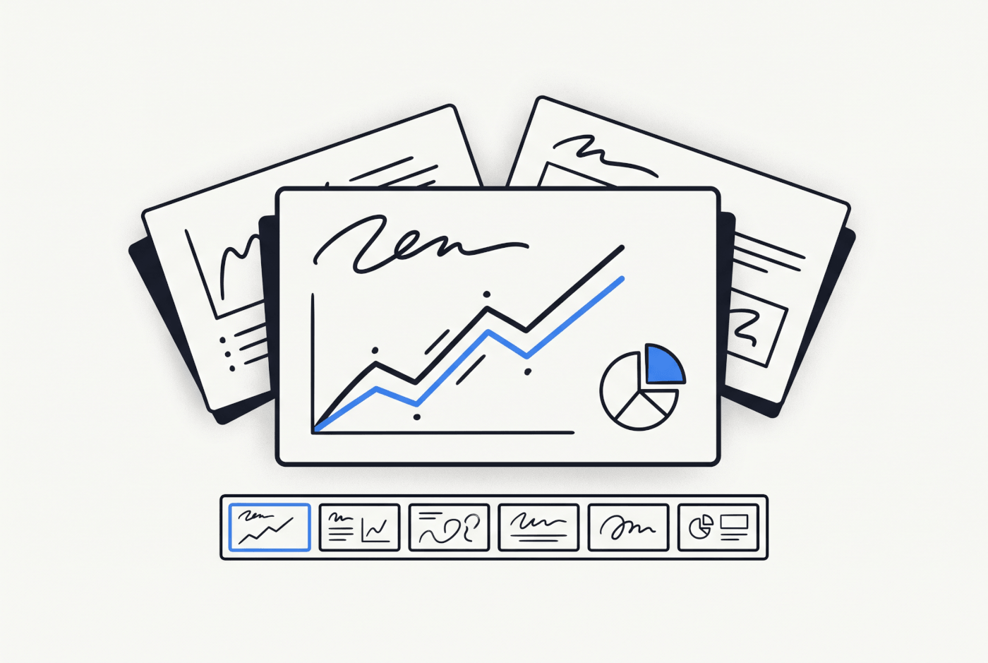 A slide with charts above an editor filmstrip of thumbnails