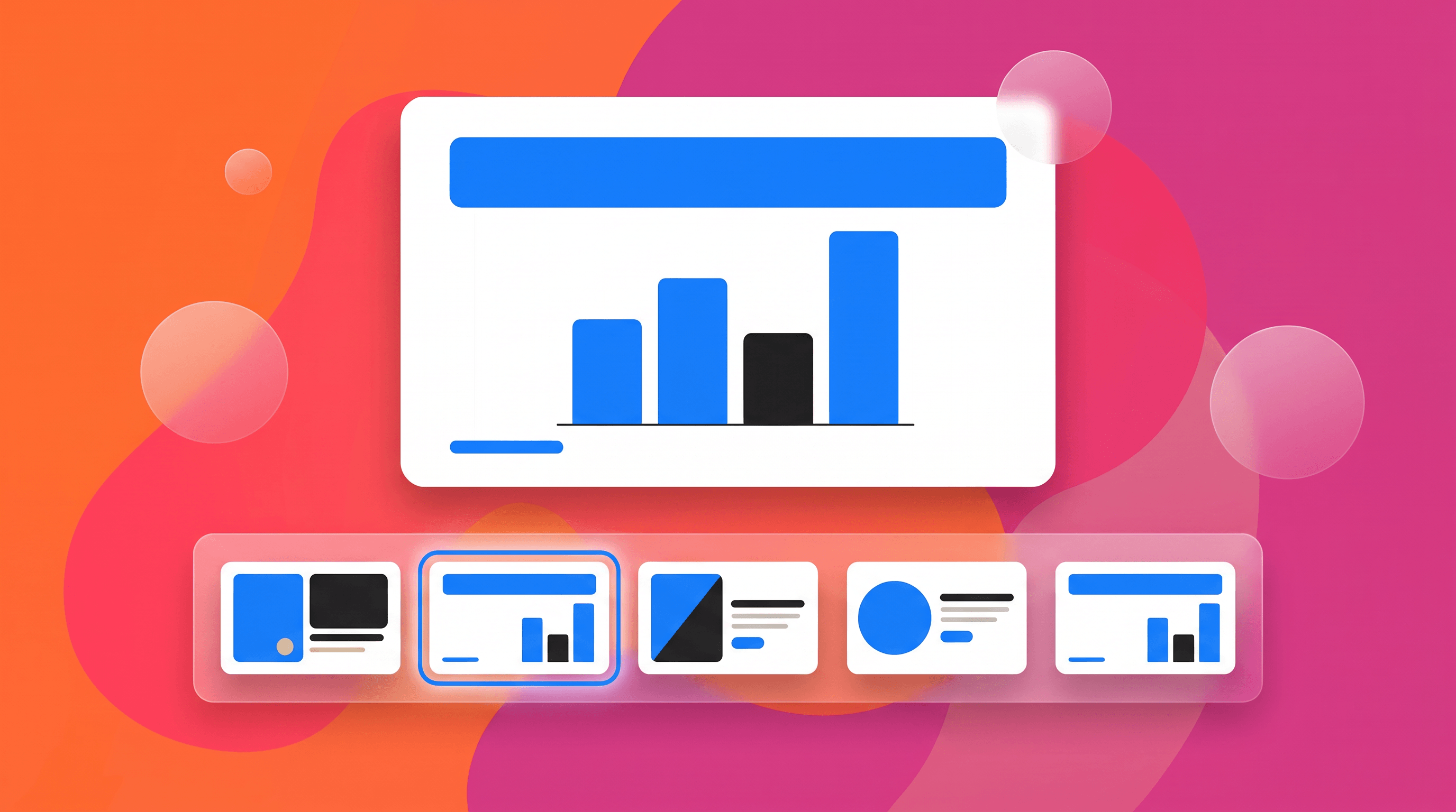 A slide with charts above an editor filmstrip of thumbnails
