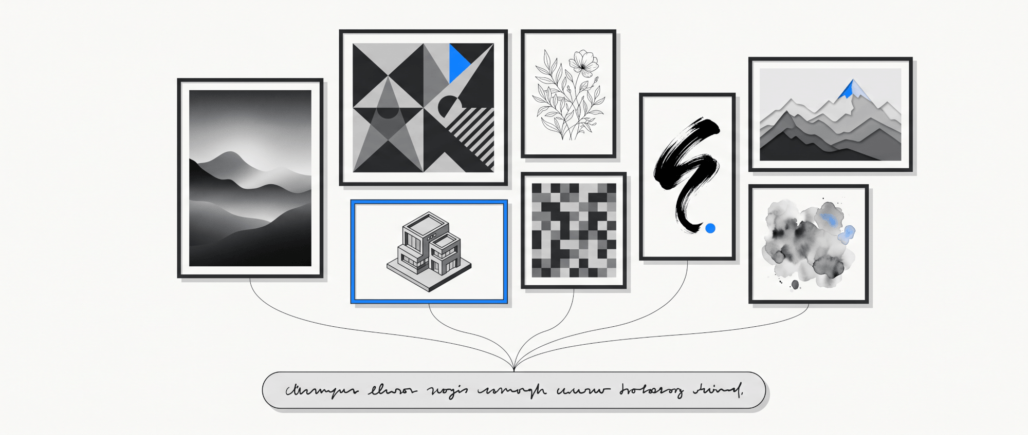 A gallery wall of eight artworks in different styles, all fed by one prompt