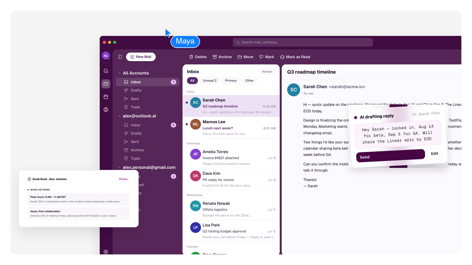 The GenMail desktop app showing a triaged inbox, an AI-drafted reply awaiting review, and the Email Brain panel