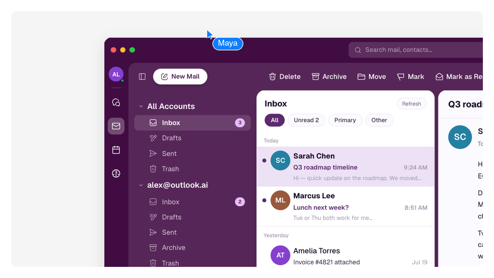GenMail's sidebar showing an Outlook account and a Gmail account together in one unified inbox